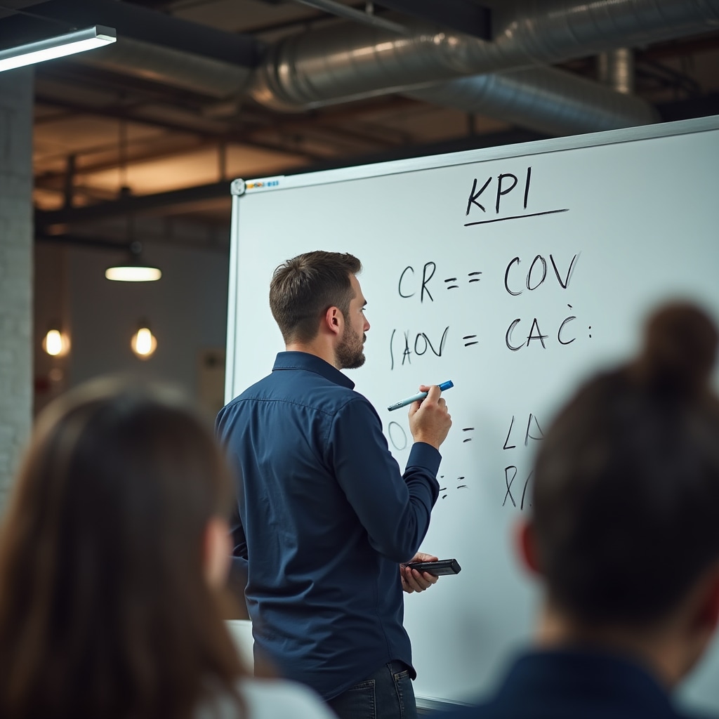 Výklad KPI ukazovateľov na tabuli počas školenia